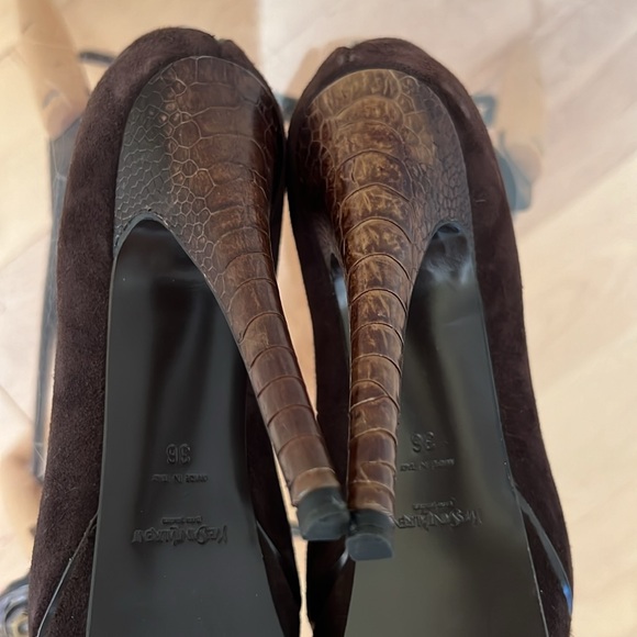 Saint Laurent Chocolate Brown & Ostrich Tribtoo Platform Pumps Size 36 / 6 - Picture 5 of 7